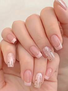 24 szt. kwadratowe naturalne francuskie paznokcie do manicure, błyszczące perły i motyle, słodki i rozjaśniający design, pełne pokrycie dla kobiet i dziewcząt