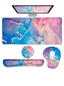 Un set de 4 piezas de alfombrilla de escritorio ergonómica extra grande de mármol: Alfombrilla de ratón extendida para juegos, soporte para muñeca de teclado, posavasos - Base antideslizante, borde cosido - Fácil de escribir, alivio del dolor - (35.4*15.7 pulgadas) - Para oficina, hogar, computadora, portátil