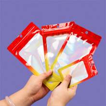 100pcs Ombre Iridescent Blue & Green Contrast Color Sealing Pouches, Cute Cartoon Jewelry Self-Sealing Bags, Snacks Food Packaging Bags, Scrunchie Plastic Bags, Unique Packaging Self-Seal Bags, Holiday Celebration Party Supplies, New Year, Valentine's Day Gift Bags - Red and Yellow Gradient Color - View 4