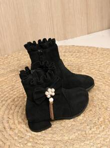 1 双女童仿麂皮拉链英式踝靴芭蕾舞鞋，适合春秋季节 - 黑色 - 查看 5