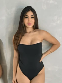 Comfortable Sleeveless Strapless Suplex Bodysuit - 黑色 - 查看 1