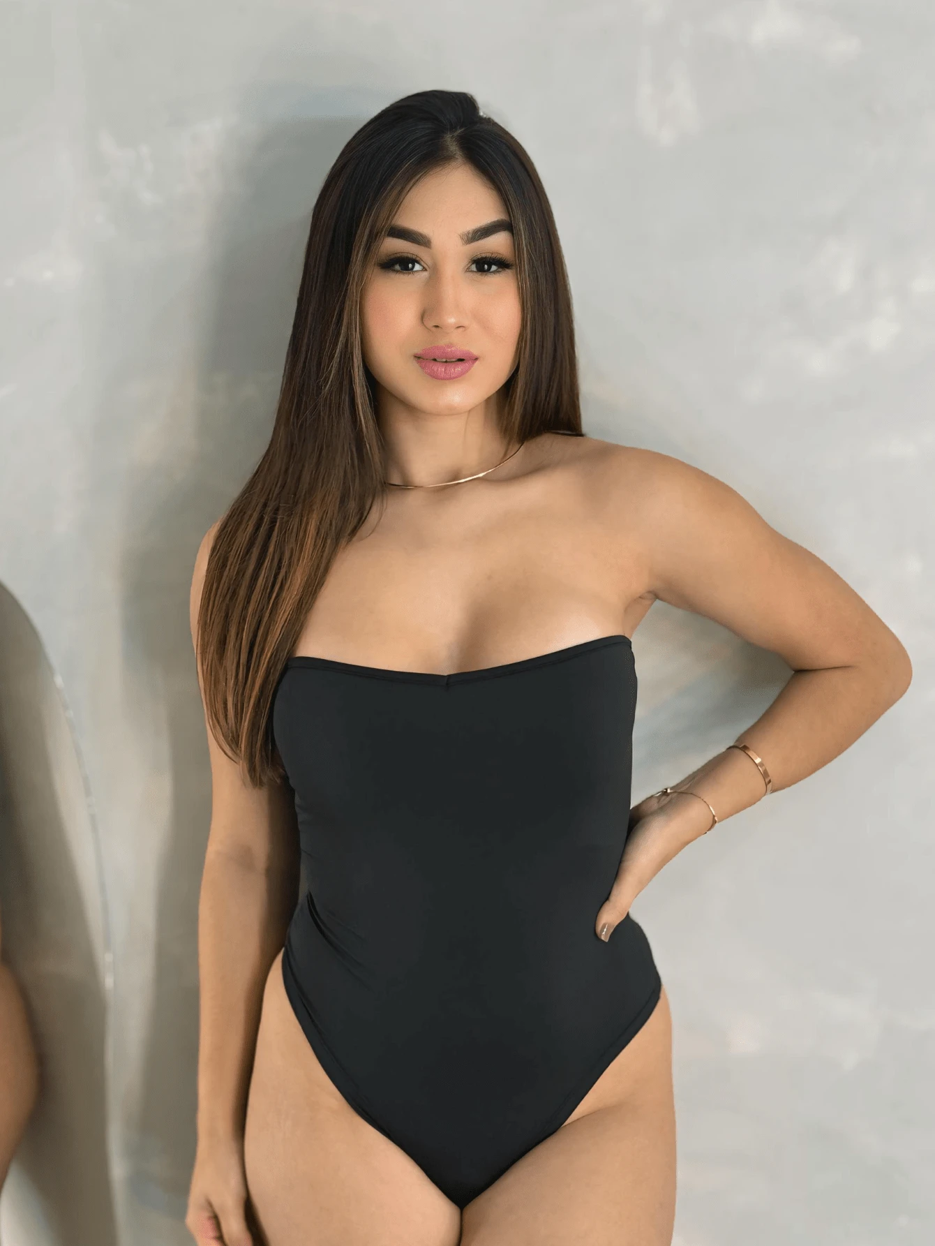 Comfortable Sleeveless Strapless Suplex Bodysuit - 黑色 - 查看 1