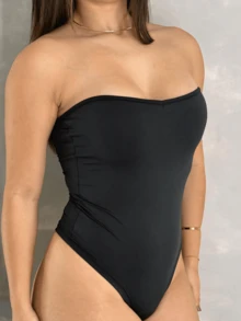 Comfortable Sleeveless Strapless Suplex Bodysuit - 黑色 - 查看 3