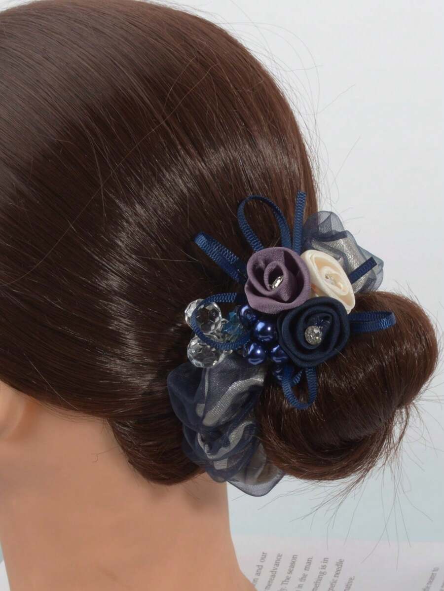 1 件时尚优雅雪纺和面料玫瑰花发圈，女士发饰，适合发髻，日常使用情人节 - 彩色 - 查看 1