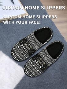 Men's Custom Name Christmas Home Slippers, Black Christmas Pixel Grid Designed Lightweight Comfortable Soft Bottom Home Slippers For Man, Personalized Fun Christmas Gift For Mom/Dad/Her/Him/Girlfriend/Boyfriend/Wife/Husband/Friend