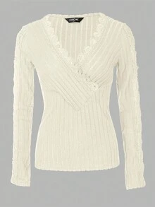 ChicMe V 领蕾丝贴片长袖上衣修身休闲时尚潮流女士衬衫 - 白色 - 查看 5