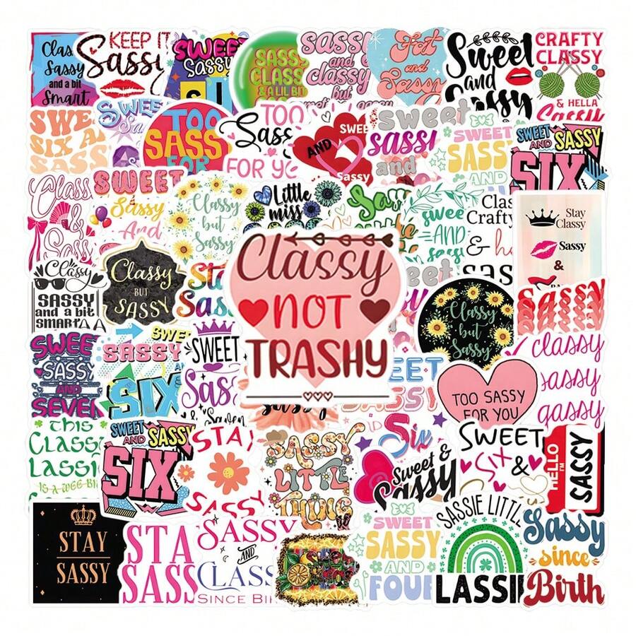 61 件 Sassy 贴纸包，可爱卡通美学乙烯基防水贴纸，适用于水瓶、笔记本电脑、手机、滑板、吉他、行李箱、剪贴簿、头盔、儿童、青少年、成人派对用品装饰 - 彩色 - 查看 1