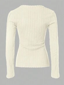 ChicMe V 领蕾丝贴片长袖上衣修身休闲时尚潮流女士衬衫 - 白色 - 查看 6