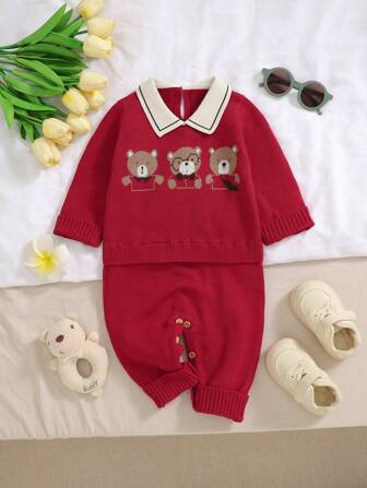 婴幼儿针织小翻领绅士风二合一连体裤休闲熊提花图案设计秋冬