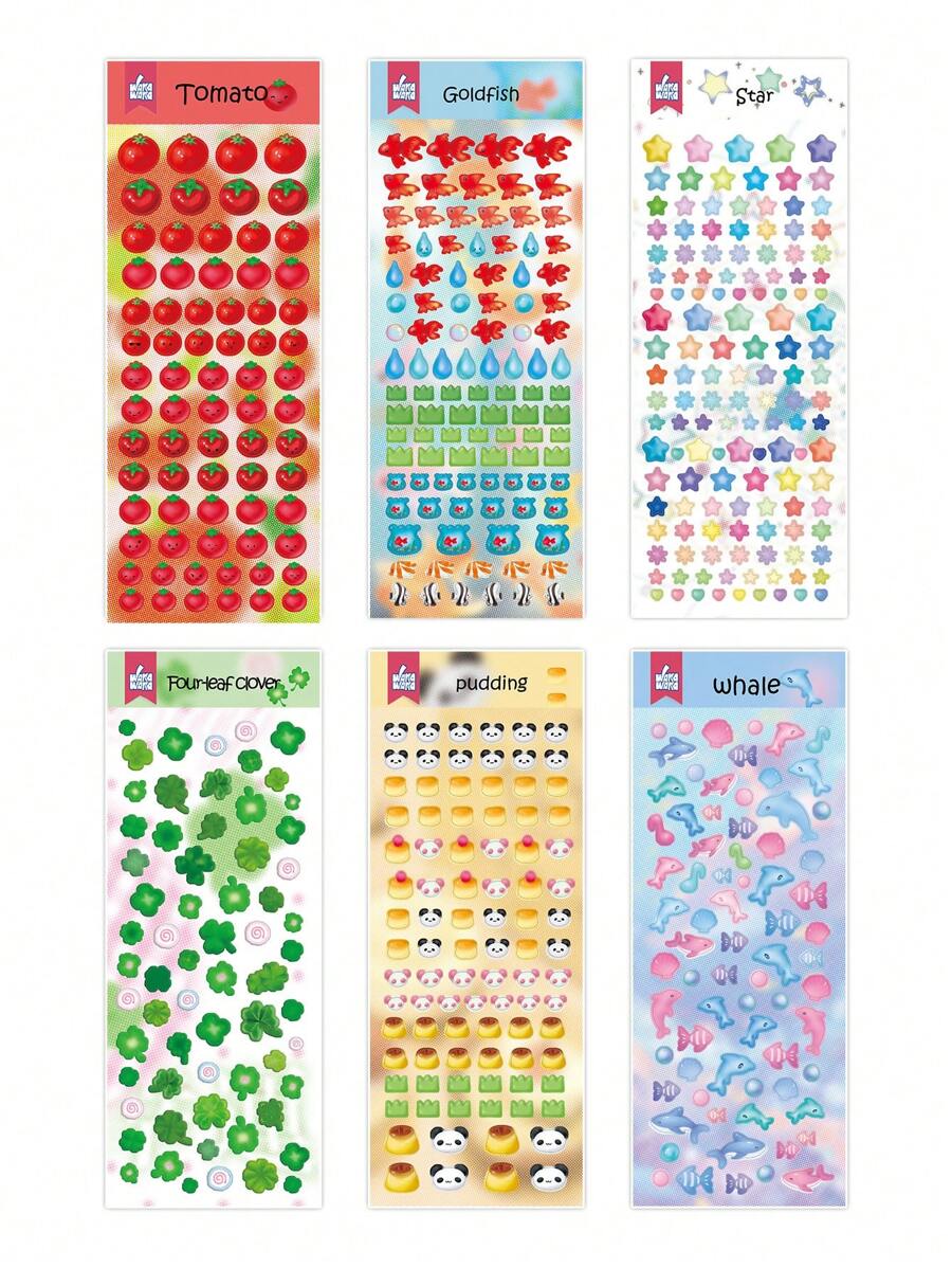 6pcs/Set Cute Gold Fish, Clover, Tomato Pattern Doodle Decorative Sticker Set Back To School - Red - View 1