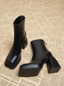 2026秋季新款欧美风女士优雅粗跟高跟靴，方头夜店踝靴，秋冬时尚短靴 - 黑色 - 查看 1