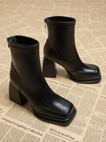 2026秋季新款欧美风女士优雅粗跟高跟靴，方头夜店踝靴，秋冬时尚短靴 - 黑色 - 查看 5