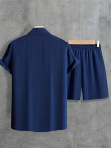 Men's Plain Viscose Set With Button-Down Shirt And Shorts - 藏蓝色 - 查看 2