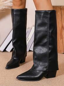 Botas de tacón cuña grueso con punta puntiaguda de estilo pantalón sexy para mujer, botas altas retro sobre la rodilla, combinables con leggings