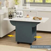 Folding Dining Table With 4 Wheels, 39.4" Wood Extendable Space Saving Dining Table With Storage Rack & Drawer, Foldable Kitchen Table For Small Spaces, Drop Leaf Tables For Apt (White & Grey Blue) - Blue and White - View 4