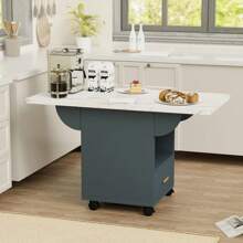 Folding Dining Table With 4 Wheels, 39.4" Wood Extendable Space Saving Dining Table With Storage Rack & Drawer, Foldable Kitchen Table For Small Spaces, Drop Leaf Tables For Apt (White & Grey Blue) - Blue and White - View 1