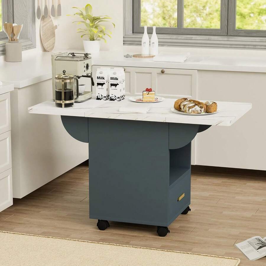Folding Dining Table With 4 Wheels, 39.4" Wood Extendable Space Saving Dining Table With Storage Rack & Drawer, Foldable Kitchen Table For Small Spaces, Drop Leaf Tables For Apt (White & Grey Blue) - Blue and White - View 1