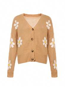 Women Loose Knit Sweater, Adults Button-down Flower Pattern Long Sleeve V-neck Cardigan - Camel - Ver 5
