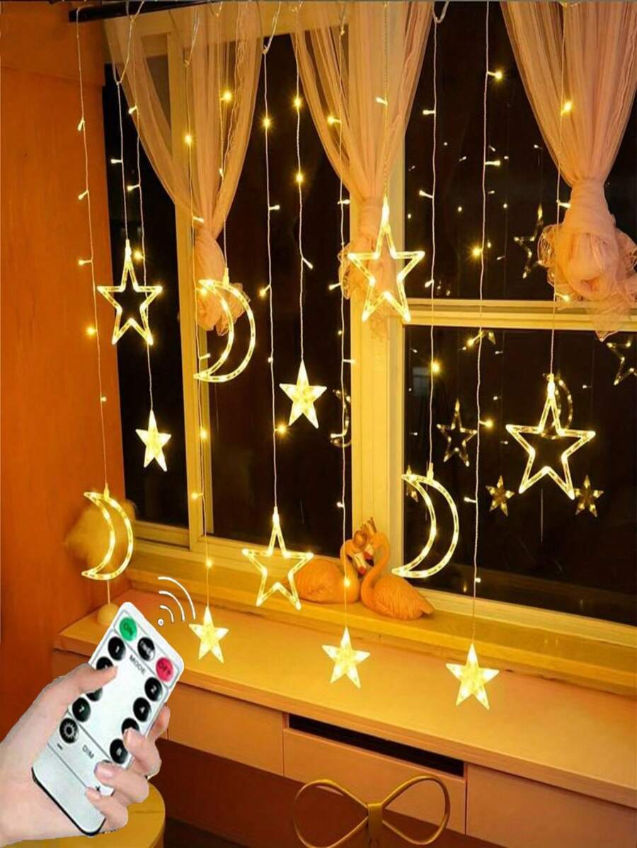 1pc 3.5m/11.5ft LED Star & Moon String Lights, Twinkle Lights, Starry Sky Hanging Lights For Wedding, Tent, Bedroom, Living Room, Curtain, Pentagram & Moon Decor, Holiday Decoration