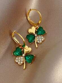 1pair Fashionable Stainless Steel Rhinestone Decor Four-leaf Clover Drop Earrings For Women For Daily Decoration