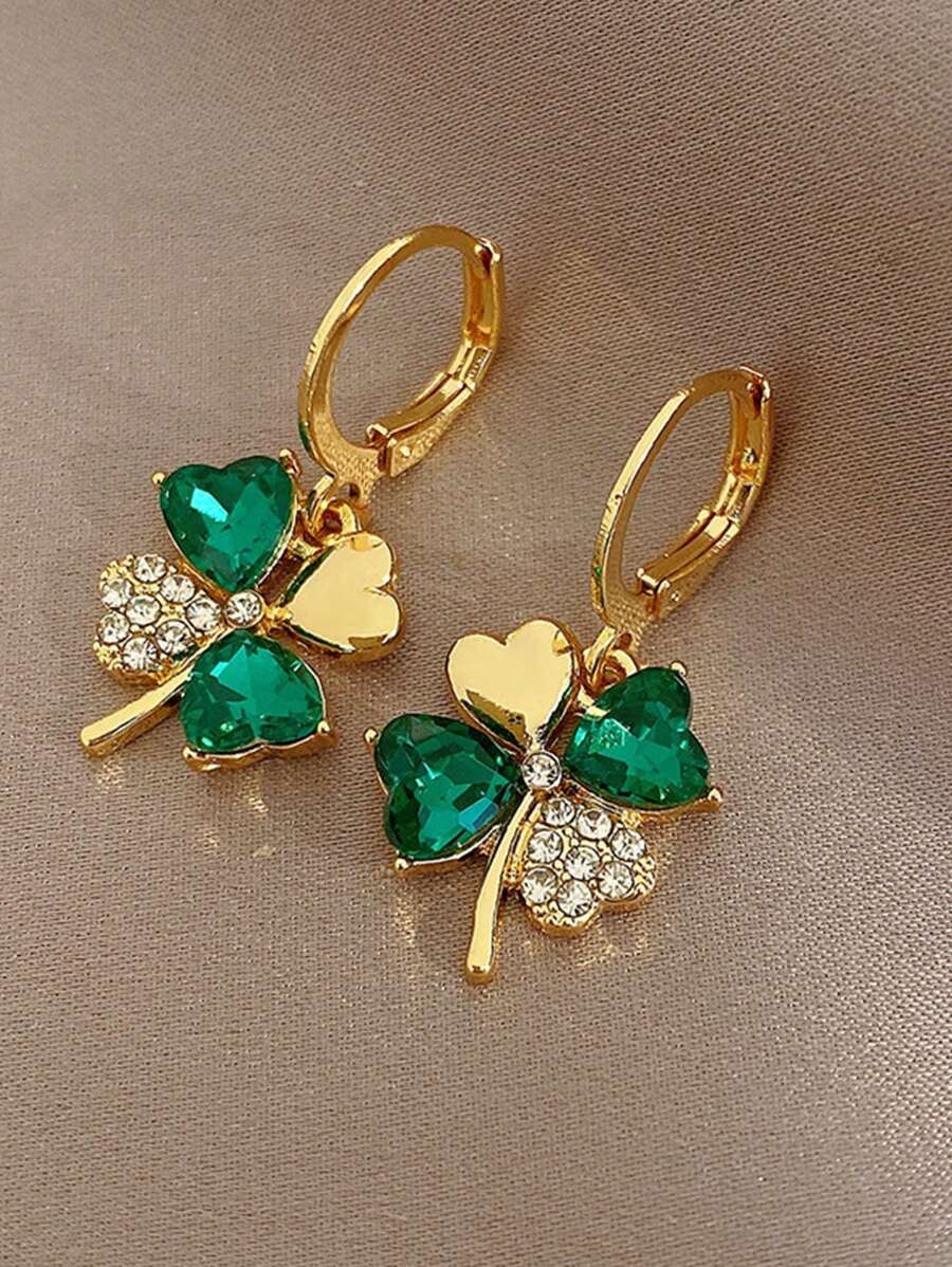 1pair Fashionable Stainless Steel Rhinestone Decor Four-leaf Clover Drop Earrings For Women For Daily Decoration