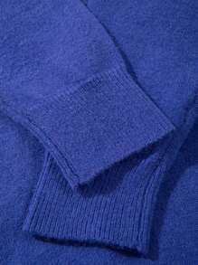 Casual Loose Knit Pullover Sweater With Letter Print, Turndown Collar, Button Half-Placket, Long Sleeve, Dropped Shoulder, Unisex Campus Style, Suitable For Autumn And Winter - Blue - View 8