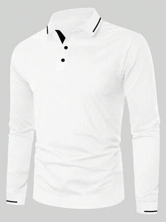 1pc Casual Men's Contrast Trim Quarter Button Collar Long Sleeve Polo Shirt, Suitable For Spring & Autumn, For Golf, For Fall