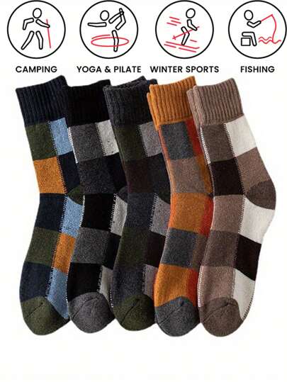 6 Pairs Wool Blend Thick Snow Hiking Socks, Warm Mid-Calf Socks For Men, Retro Christmas