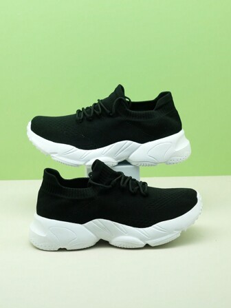 儿童黑白系带运动鞋，针织鞋面，休闲轻便舒适运动鞋，增高鞋