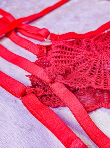 Women's Sexy Lingerie Set Sensual Lace Bra With Thong Panties And Garter - Đỏ - Xem 3