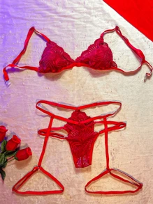 Women's Sexy Lingerie Set Sensual Lace Bra With Thong Panties And Garter - Đỏ - Xem 1