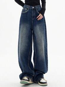 Women's Wide Leg Jeans, Mid Waist Loose Jeans, Women's Loose Boyfriend Jeans, Suitable For Daily Street Wear - Rửa tối - Xem 2