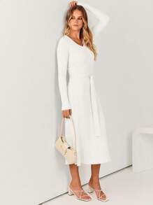 Woman's Fall & Winter Skinny Bodycon Knit Dress, Solid Color V-Neck Long Sleeves Lace Up Waist Midi Dress, Suit For Inner And Outer Wear - trắng - Xem 5