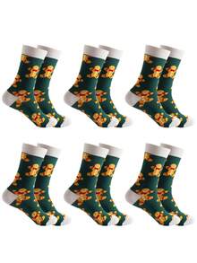 6 双圣诞姜饼图案袜子，男女通用时尚透气柔软舒适情侣中筒袜，适合派对和日常穿着 - 彩色 - 查看 2