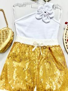ISA KIDS - Conjunto de Menina infantil Roupa de Natal Blusa Nula Manga e Short Paetê de Brilho Moda Festas Mini Diva