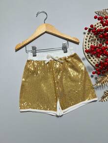 ISA KIDS - Conjunto de Menina infantil Roupa de Natal Blusa Nula Manga e Short Paetê de Brilho Moda Festas Mini Diva