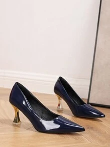 2024 New Fashion Patent Leather Simple Pointed Toe High Heel Pumps, Mid Heels Women Wedding Shoes