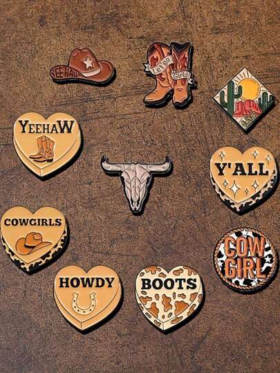 1/10pcs Western Cowboy Themed Enamel Pins, Alloy Vintage Style Novelty Brooches With Cowgirl, Boots, And Yeehaw Motifs For Backpacks, Hats, And Collars Valentine's Day Valentines Pin For Clothes Bag Charm School Kpop Teacher Supplies Bag Charms Cute Office Accessories Shirts Jacket Jewelry Halloween Autumn-Winter Accessories Clothes Pin Funny Teacher Gifts Costume Accessories Christmas