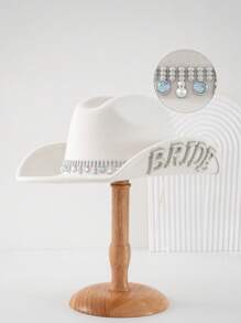 1PC Women's White Solid Color Shiny Wide-Brimmed Cowboy Hat. 2024 Wedding Essentials,Unique Luxurious Crystal Square Small Bright Diamond Colored Gemstone Paired Eye Shape With Faux Pearl Letter 'BRIDE' Bridal Hat.