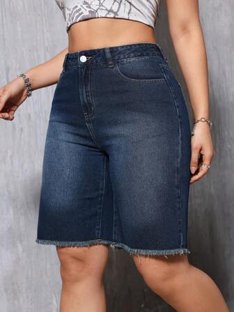 Women's Casual Water-Washed Frayed Hem Straight Leg Mid-Length Denim Shorts