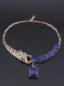 1set Fashionable Blue Crystal Leopard Necklace, Earrings And Ring Jewelry Set, Suitable For Women To Wear At Weddings, Dances, Parties And Banquets