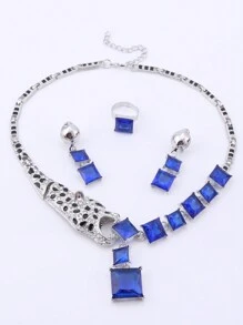 1set Fashionable Blue Crystal Leopard Necklace, Earrings And Ring Jewelry Set, Suitable For Women To Wear At Weddings, Dances, Parties And Banquets