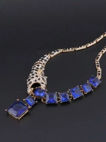 1set Fashionable Blue Crystal Leopard Necklace, Earrings And Ring Jewelry Set, Suitable For Women To Wear At Weddings, Dances, Parties And Banquets