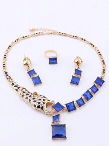1set Fashionable Blue Crystal Leopard Necklace, Earrings And Ring Jewelry Set, Suitable For Women To Wear At Weddings, Dances, Parties And Banquets