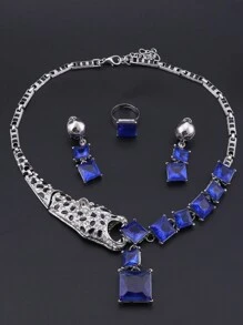 1set Fashionable Blue Crystal Leopard Necklace, Earrings And Ring Jewelry Set, Suitable For Women To Wear At Weddings, Dances, Parties And Banquets
