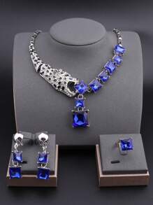 1set Fashionable Blue Crystal Leopard Necklace, Earrings And Ring Jewelry Set, Suitable For Women To Wear At Weddings, Dances, Parties And Banquets