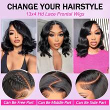 Bob Wig Human Hair 13x4 Body Wave Lace Front Wigs Human Hair Glueless Wigs Human Hair Pre Plucked 200% Density Short Bob Wigs For Women Human Hair Natural Black Color - Natural Black - 查看 5