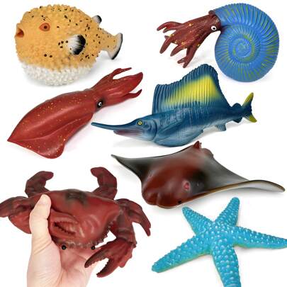 New Soft Plush Cute Marine Organism Models, Made Of Soft Silicone, Realistic Ocean Animals Like Sailfish, Squid, Crab, Nautilus, Starfish, Puffer Fish, Stingray, Crocodile, Toy Models, Soft, Marine Life Teaching Toy, Holiday Gift, Decorative Models (Random Color)