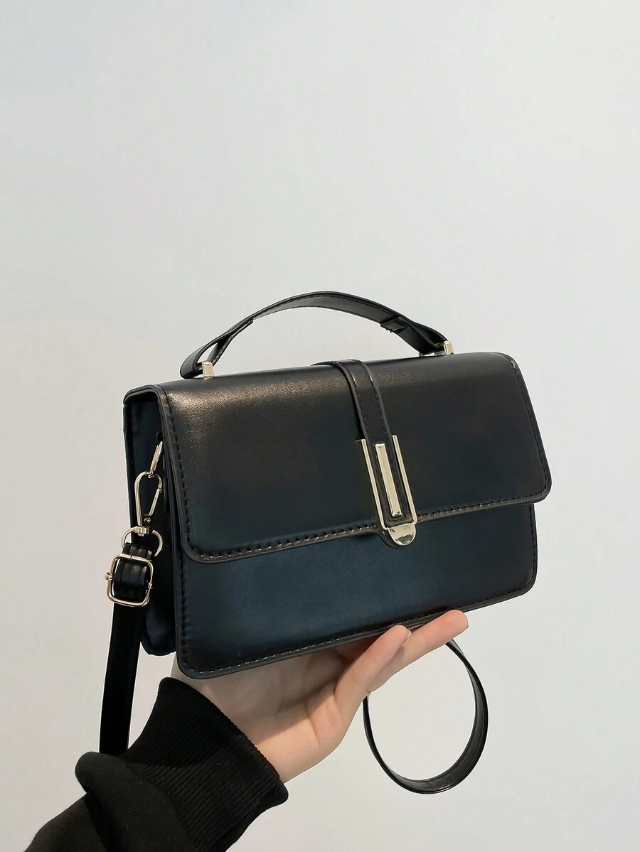 时尚简约潮流纯色斜肩手提包金属装饰小方包