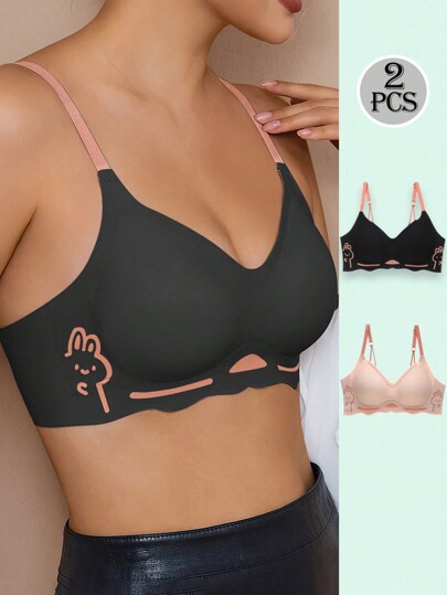 2pcs Seamless Rabbit Pattern Colorblock Wireless Padded Lingerie Bra, Comfortable, Push Up, For Women